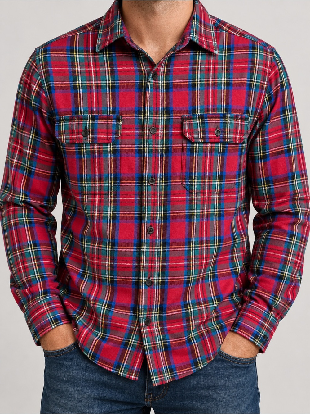Urban Vintage Tartan Plaid Cotton Flannel Button Down Shirt Red Blue Green Sz M